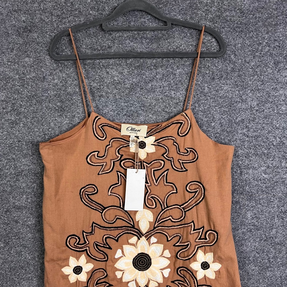 New Ollari New York Anthropologie dress L Embroidered Beaded Floral Cotton Strap - Picture 3 of 9